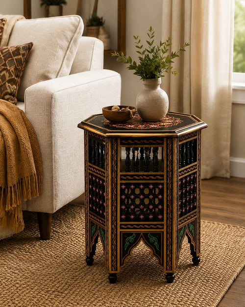 Handmade Moroccan side table with geometric medallion tabletop 