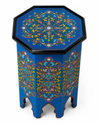 Blue Moroccan pedestal table styled in a warm boho living room 