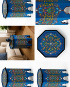 A collage showing multiple views of a decorative blue side table with intricate multicolor floral and geometric patterns. The views include top-down, angled, and in-room perspective shots on a sofa, with one view showing the back of the table against a white background.