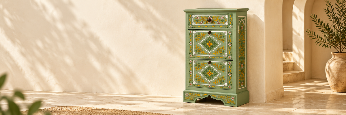 Sage green hand-painted Moroccan cabinet in a warm sunlit riad interior