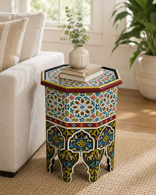 Colorful Moroccan end table with hand-painted mosaic-style design 