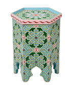 Pastel green Moroccan hand-painted hexagonal wooden side table 