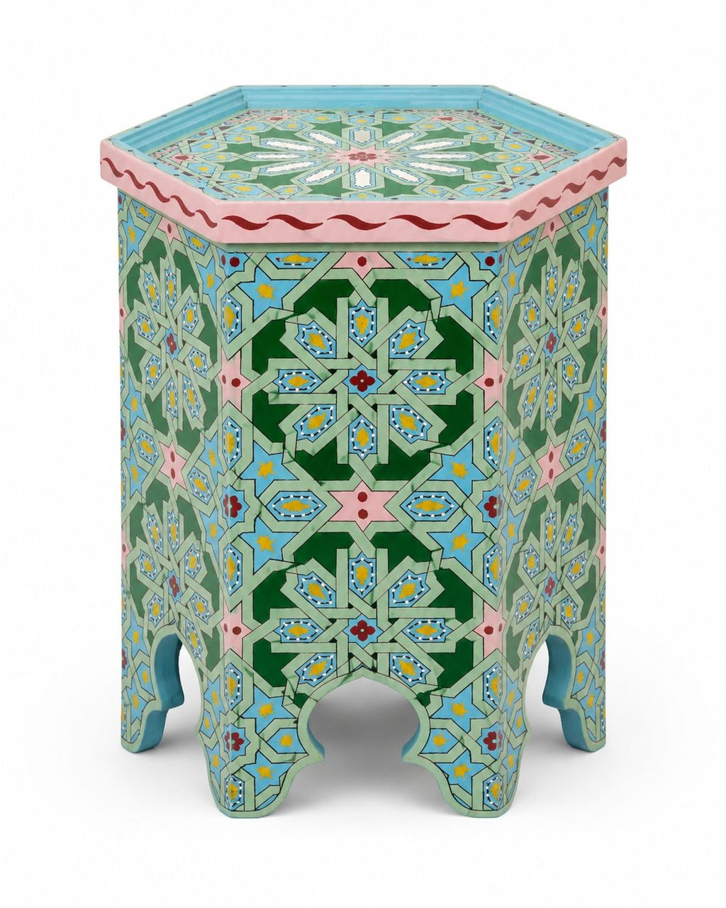 Pastel Moroccan accent table with pink and blue details 