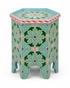 Pastel Moroccan accent table with pink and blue details 