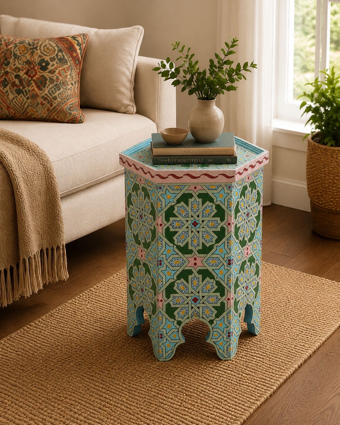Handmade Moroccan side table with green geometric patterns 