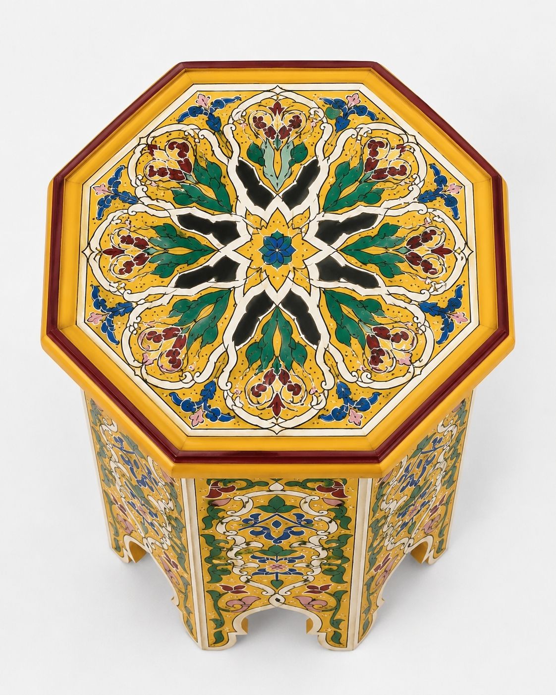 handmade wooden nightstand with intricate Moroccan art styling for premium boho home decor.