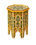 Hand-painted Moroccan octagonal side table in yellow wood with detailed green and blue floral arabesque motifs.