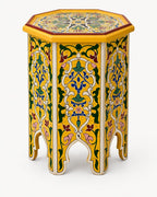 Premium Moroccan furniture piece used as a colorful living room end table or artisan plant stand.
