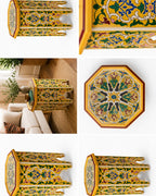 A collage showing multiple views of a decorative octagonal side table with ornate hand-painted floral patterns in yellow, green, blue, red, and black. Some panels show the table alone on a white background, while others show it styled in a living room setting next to a sofa.
